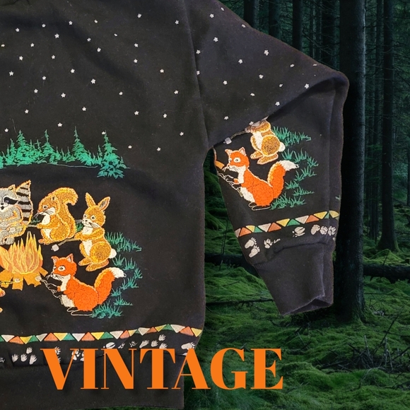 Vintage 70s Childs Sweatshirt Campfire Forest Friends Printed Both Sides Iconic - Picture 3 of 7